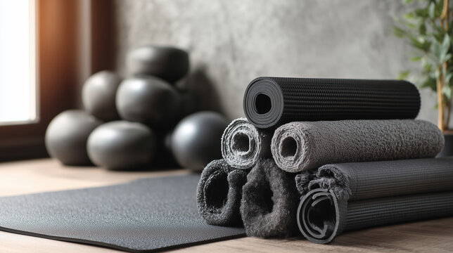 Stack of rolled yoga mats and terry towels on studio floor with exercise balls by sunlit window in soft morning light
