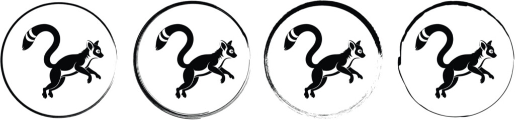 Four circular featuring a black silhouette of a ring-tailed lemur jumping, presented with varying brush stroke border styles © SilhouetteStore