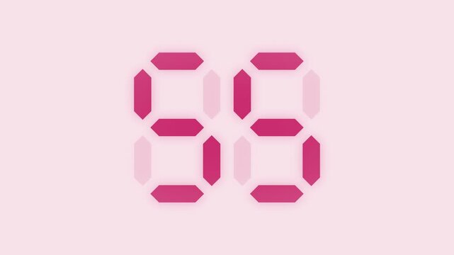 Pink 60 second digital LED countdown timer, seven segment display animation from 60 to 1
