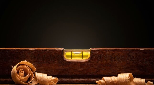 Wooden carpenter level with glowing yellow vial and wood shavings on dark background