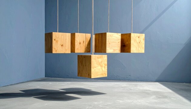 Seven Wooden Cubes Suspended from Concrete Ceiling on Thin Cords in a Minimalist Room with Blue-Gray Wall