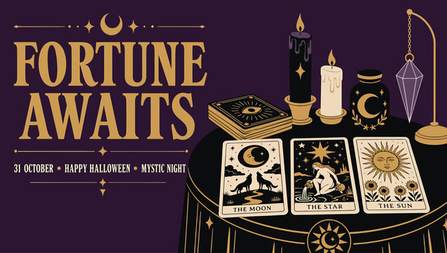 Halloween fortune telling background with tarot cards, candles, and crystal pendulum mystic night concept with celestial symbols, moon, sun, and stars illustration for october 31st event