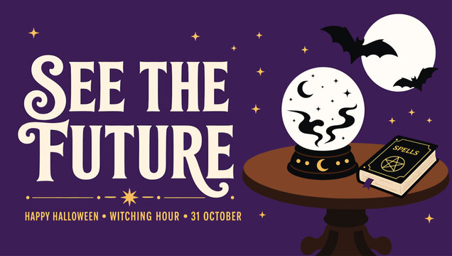 Halloween invitation card with crystal ball and spell book vector illustration of a fortune teller table with magic orb, bats, and moon on a purple background for october 31st party
