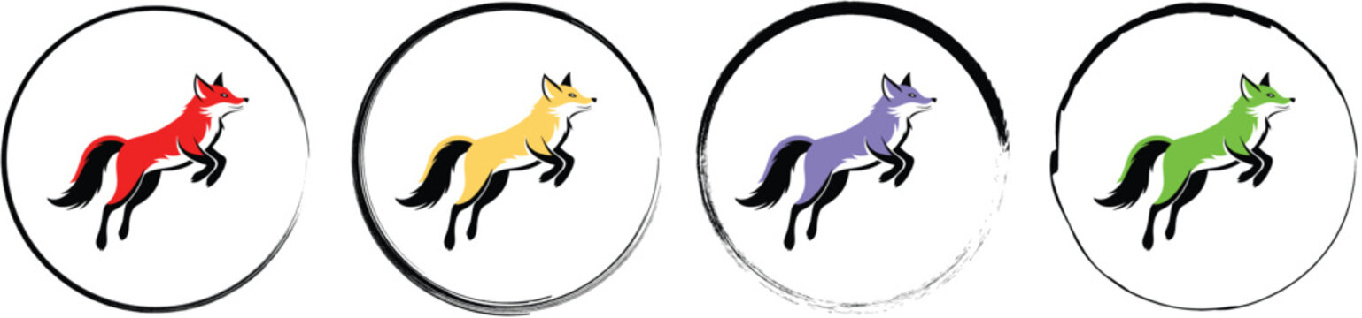 Four circular featuring a jumping fox in red, yellow, purple, and green colors, presented in brush stroke styles on white background
