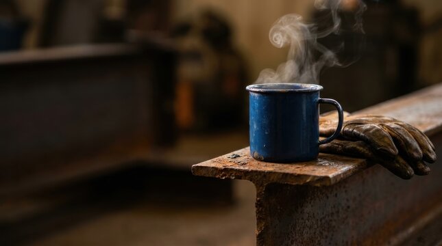 Chipped enamel coffee mug with steam and leather gloves on rusted steel beam