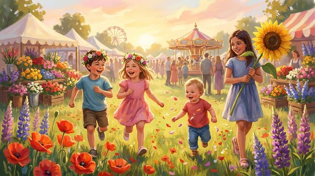 Happy children running through a vibrant flower field at a cheerful outdoor fair