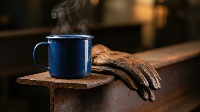 Chipped enamel coffee mug with steam and leather gloves on rusted steel beam
