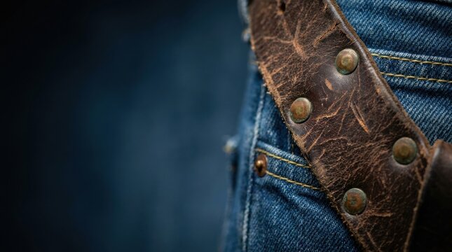 Macro texture of heavy brown leather tool belt and blue denim worker fabric
