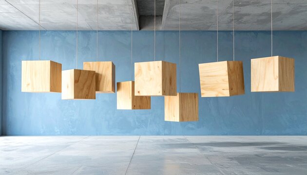 Seven Wooden Cubes Suspended from Concrete Ceiling on Thin Cords in a Minimalist Room with Blue-Gray Wall
