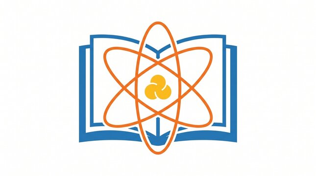 Atom icon with open book. Science education symbol for research and academic study.