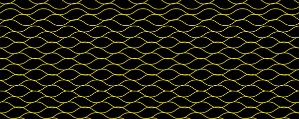 Fototapeta premium Abstract black background with yellow wavy wireframe mesh pattern, futuristic digital net grid banner vector illustration