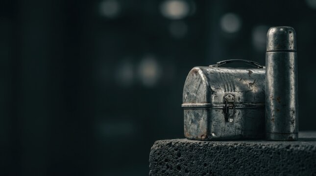 Vintage scratched metal worker lunchbox and thermos on dark concrete floor for Labor Day