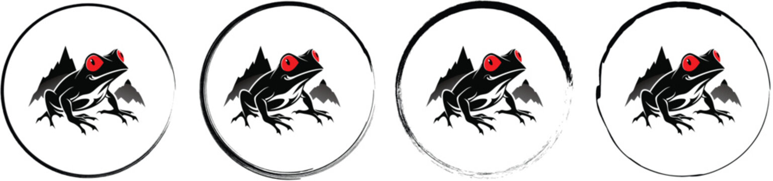 Set of four circular featuring a black frog with red eyes sitting on a rock in front of mountains on a white background