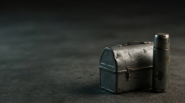 Vintage scratched metal worker lunchbox and thermos on dark concrete floor for Labor Day