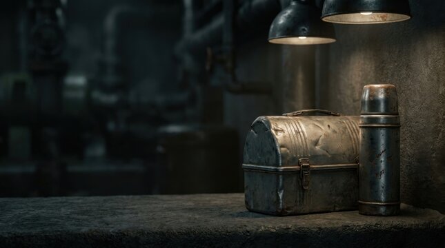 Vintage scratched metal worker lunchbox and thermos on dark concrete floor for Labor Day