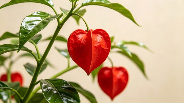 Buah Lampion Cina Merah Cerah Berbentuk Hati dengan Daun Hijau Segar