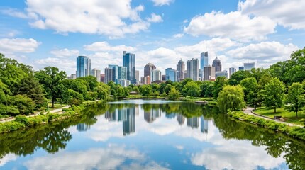 Fototapeta premium Modern city skyline reflecting in a calm lake surrounded by lush green trees in a sunny public park during the day