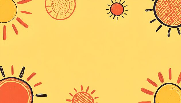 Groovy Retro Hello Summer Background with Hand Drawn Sunshine Doodles, Hippie Naive Art, Colorful Vector Poster, Banner and Template