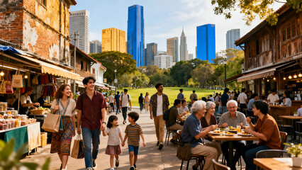 Obraz premium Diverse Urban Lifestyle Scene with Multicultural People Enjoying City Life, Shopping, Dining, Socializing and Modern Community Atmosphere
