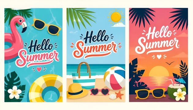 Hello Summer Greeting Poster Vector Set with Beach Floaters, Sunglasses, Tropical Vacation Elements and Classy Summer Postcard Collection