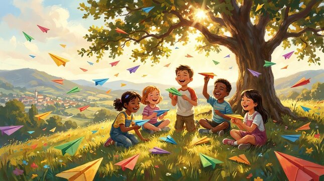 Happy diverse children flying colorful paper airplanes under a big tree in nature