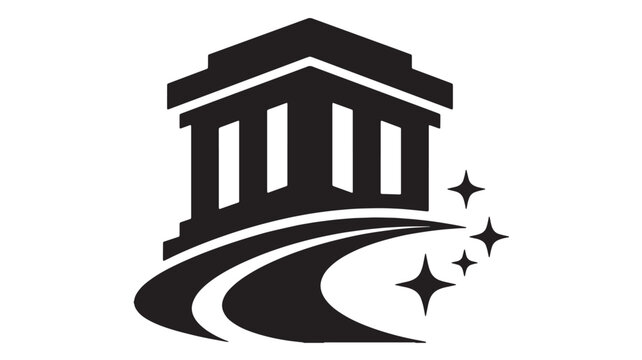 Bank building icon with secure cleaning symbol. Financial institution emblem featuring sanitization and safety stars.