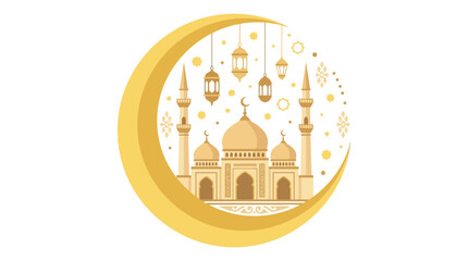 Mosque And Crescent Moon Golden Vector Illustration With White Background © saykot