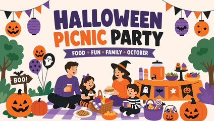 Fototapeta premium Happy family having a halloween picnic party in the park with pumpkins, food, and decorations flat vector illustration