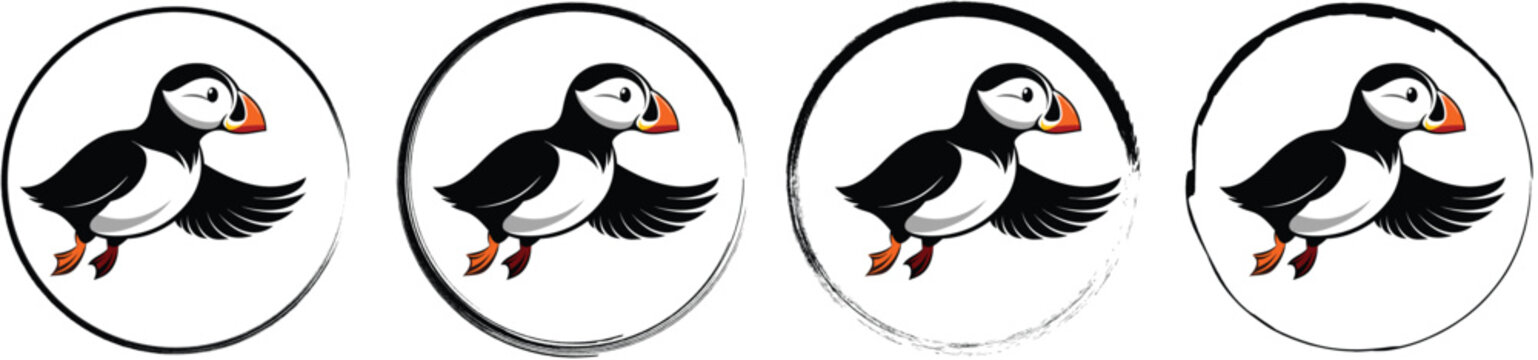 Set of four circular emblems featuring a colorful puffin bird with wings spread against a white background, with varied border styles