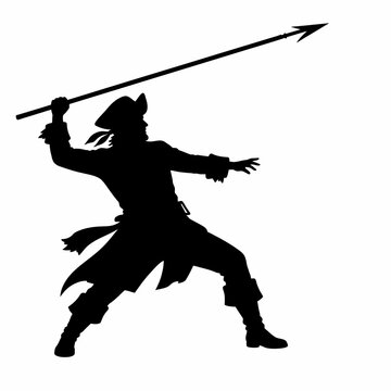 Black silhouette of a pirate or sailor in 18th-century period clothing throwing a long harpoon or spear, featuring a bicorne hat, sash, and boots isolated on a white background.