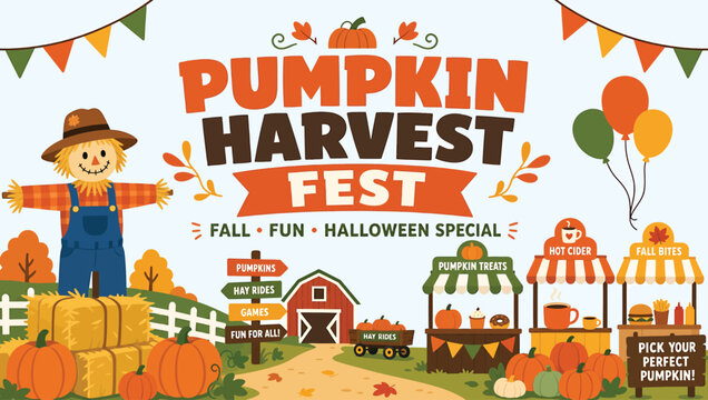 Pumpkin harvest fest poster with scarecrow, pumpkins, hay bales, food stalls, and autumn decorations for fall festival event