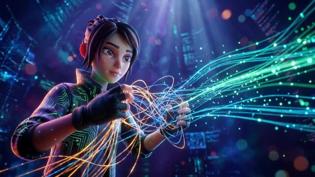 サイバースペースで赤い光の糸を解きほぐし緑のデータストリームへ解放するハッカーの3DCG動画