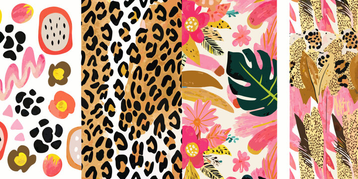 Tropical Fruit And Leopard Print Pattern Colorful Vector Illustration
