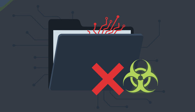 Cyber security threat concept showing a corrupted digital file folder with computer virus infection and red cross sign.