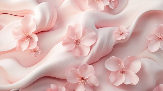 Elegant pink silk fabric background with cherry blossoms, soft satin waves with floral petals, luxury pastel textile texture for beauty and wedding design