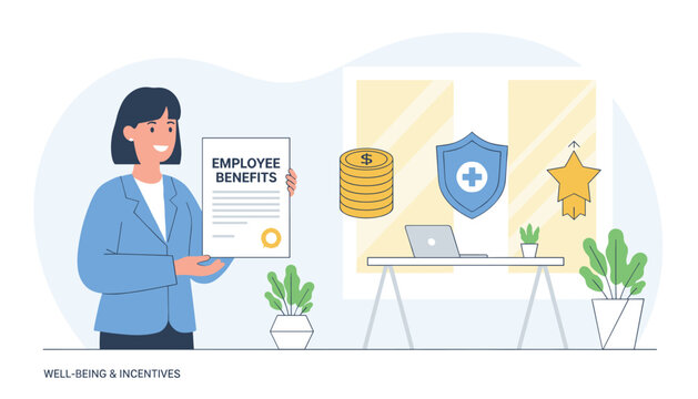Smiling business woman presents employee benefits and incentives package including financial bonus, health insurance, and awards.
