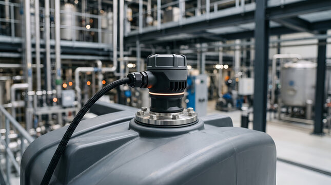Modern Industrial Ultrasonic Level Sensor Device on Container in Automated Factory