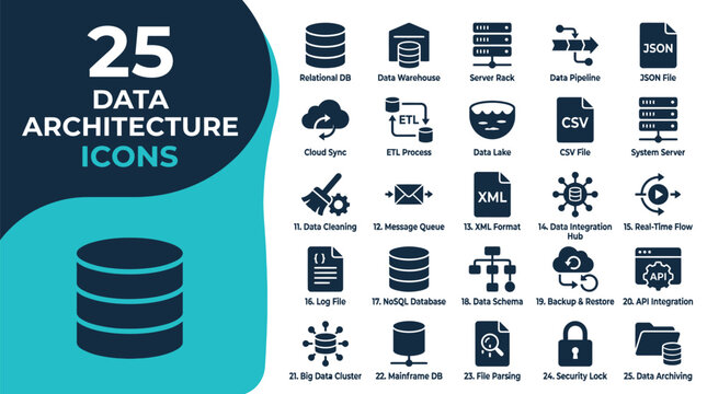 Collection of 25 data architecture icons for technology and business.