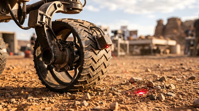 Robotic Space Rover Wheel and Proximity Laser Sensor on Textured Rocky Testing Terrain
