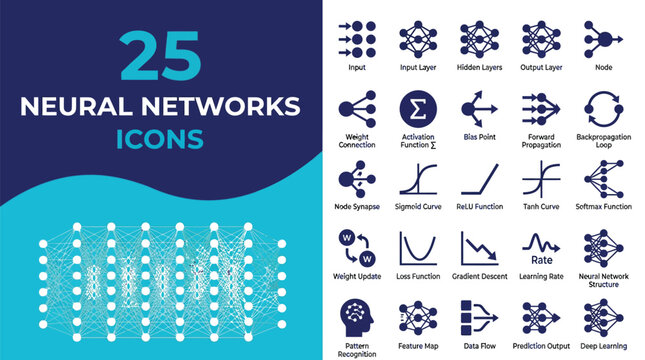 Collection of 25 icons representing neural network concepts and components.