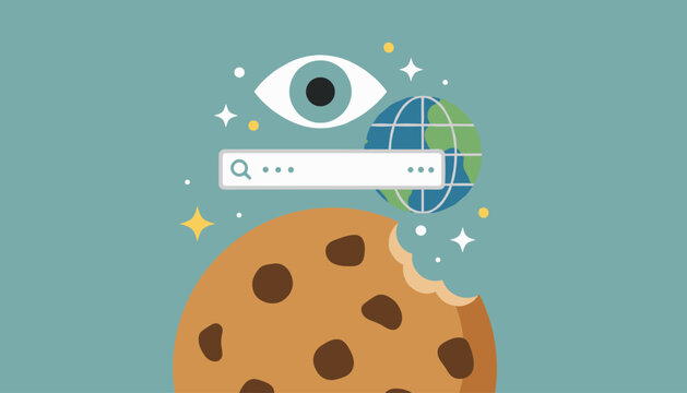 Internet browser cookie concept showing a half-eaten chocolate chip cookie next to search bar, eye, and globe graphics.