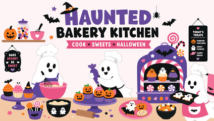 Fototapeta premium Cute ghosts baking in a haunted bakery kitchen for halloween, cartoon vector illustration with cupcakes, cookies, and candy treats for a spooky holiday celebration