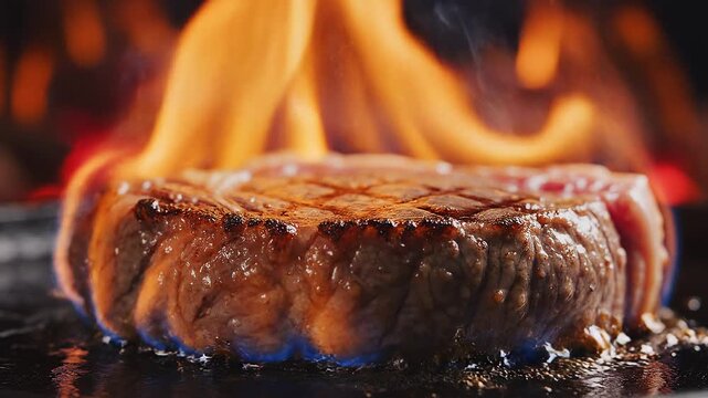 鉄板で炎を上げてダイナミックに焼かれる厚切りビーフステーキ肉のシズル感あふれる近接ショット