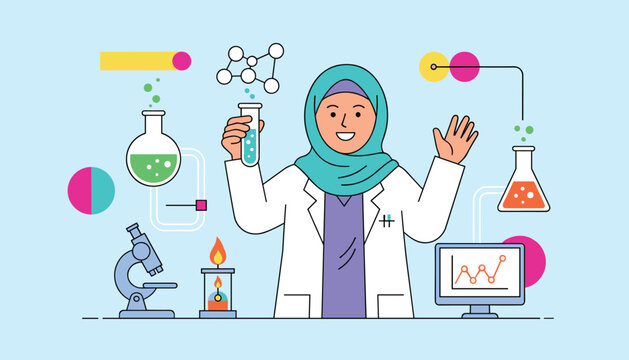 Happy Muslim female scientist in a lab coat and hijab conducts research with test tubes and laboratory equipment.