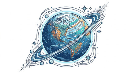 Illustrated planet Earth with orbiting rings and stars. © Kanasuv