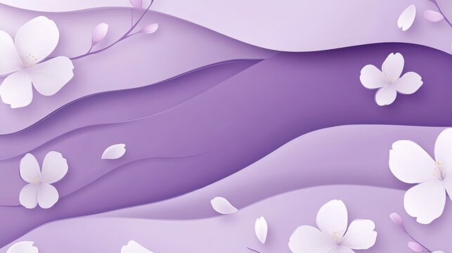 Purple paper cut background with cherry blossoms, elegant floral layered paper art, pastel violet spring flower backdrop for greeting cards