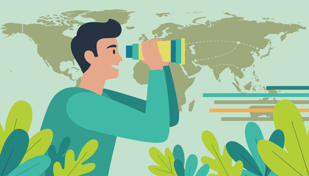 Enthusiastic man looks through a monocular telescope against a world map displaying international communication routes.