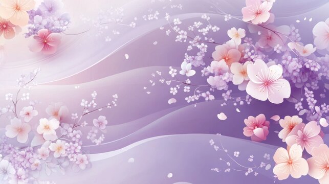 Dreamy purple floral background with soft cherry blossoms, ethereal lavender flower wallpaper, elegant spring pastel petals on flowing silk waves