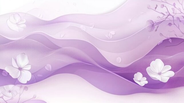 Purple silk waves background with white cherry blossoms, elegant lavender flowing fabric texture, ethereal floral backdrop for wedding invitations