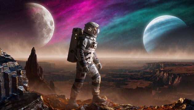 Astronaut standing on rocky surface of distant alien exoplanet horizon